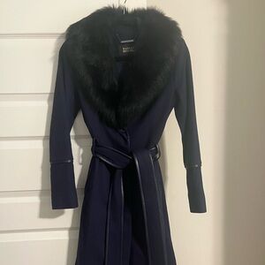 Badgley Mischka navy full length coat with fur collar